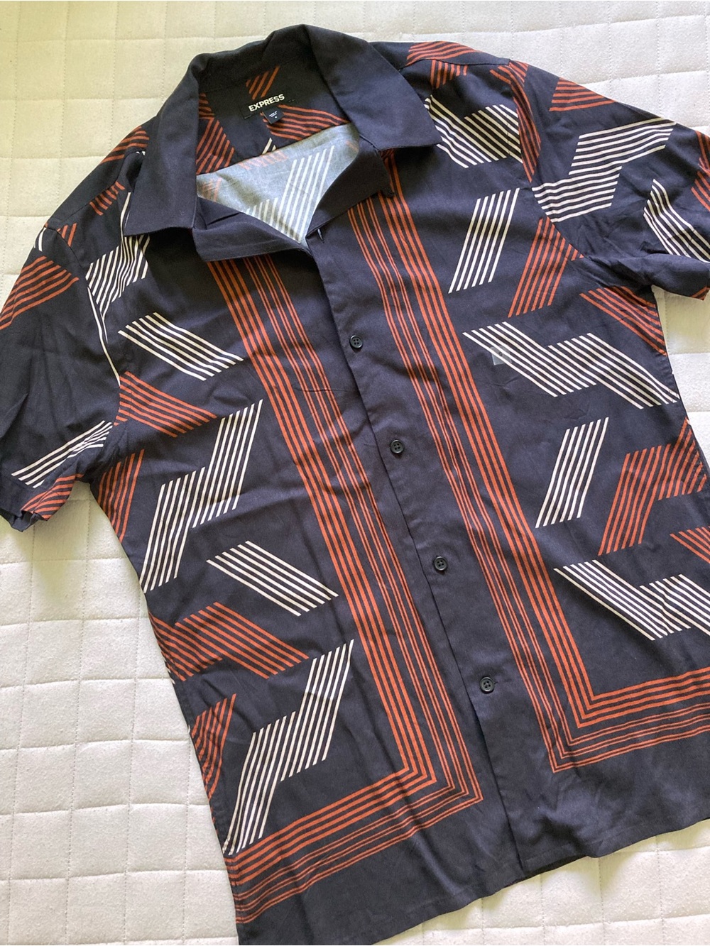 Express Men's Button-Down Shirt in Navy w/ Rust & White Geometric Stripes - NWOT